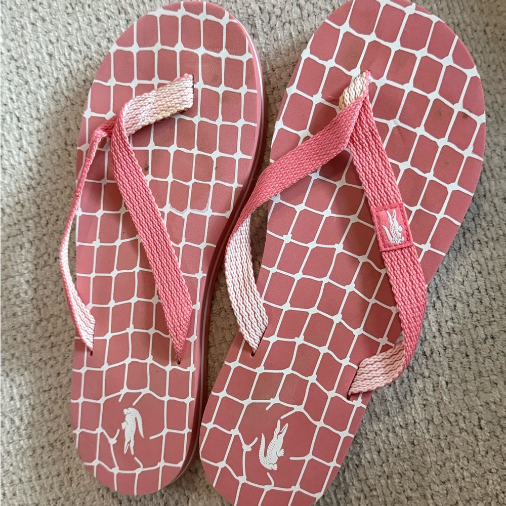 Lacoste Pink Flip Flops with White Tennis Pattern, size 6